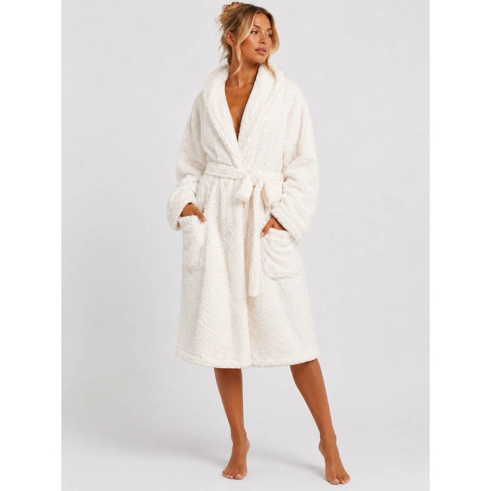 Ulta Beauty White Plush Fuzzy Sherpa Bathrobe Belted Pockets L XL NWOT New